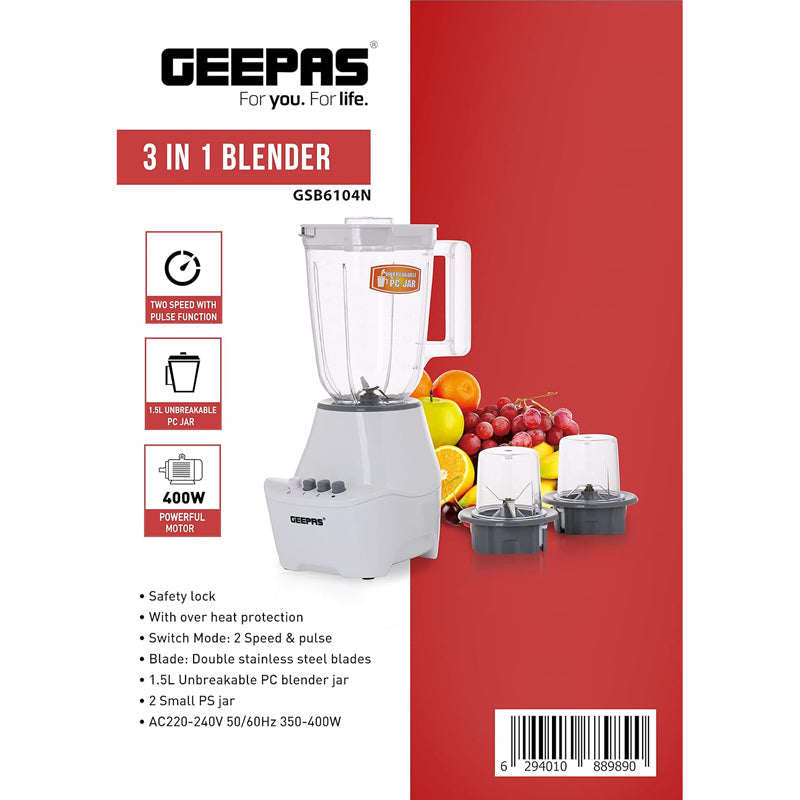 Geepas 400W 3 in 1 Blender - 1.5L Unbreakable Jar, 2 Sharp Stainless-Steel Blades with 2 Speed & Pulse | 2Pc Small Mill, Coffee/Spice Grinder Included | Ideal for Smoothie, Juice