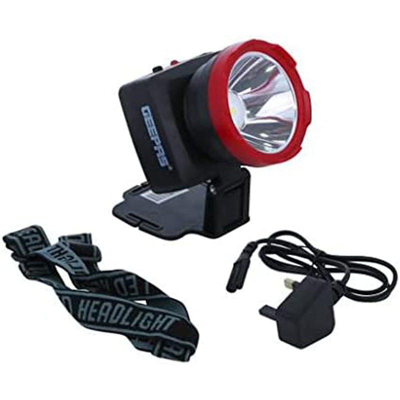 Geepas Rechargeable LED Head Torch - Super Bright Led 3W, Rechargeable Battery 900mAh, Perfect To Multiple Use Like Construction Site,