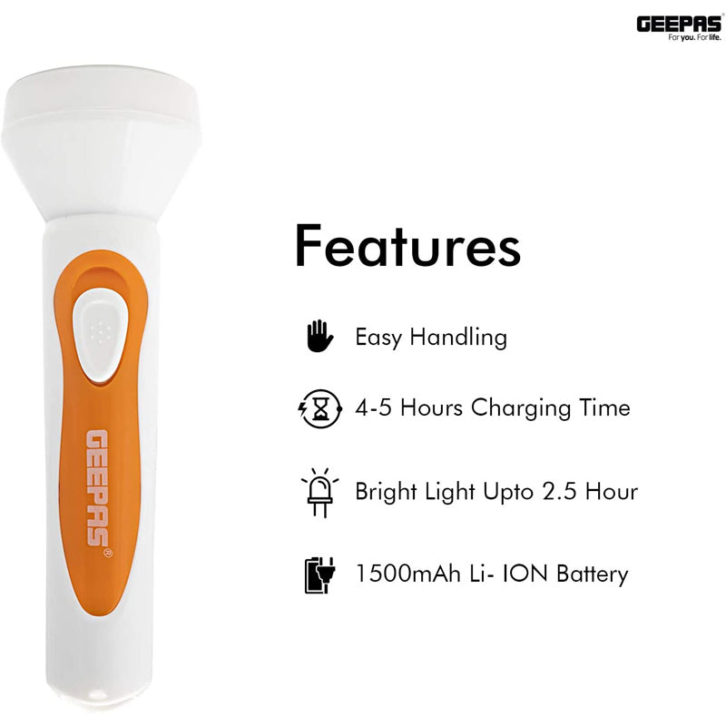 GFL5580 Rechargeable LED Flashlight - Super Bright 1x3W Hi-Power LED Light - Built-In 1500mAh LI-ION Battery, 10 Hours Working (Weak Light) - Powerful Torch For Camping, Hiking, Outdoor Activities