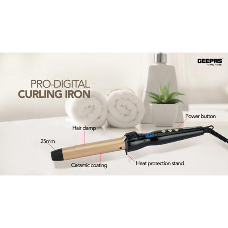 Geepas GHC86006 Instant Pro Curling Iron - 6 Level Adjustable Temperature Levels with LED Display | 60 Min Auto Shut Off | Ideal for Styling Long & Medium Hairs
