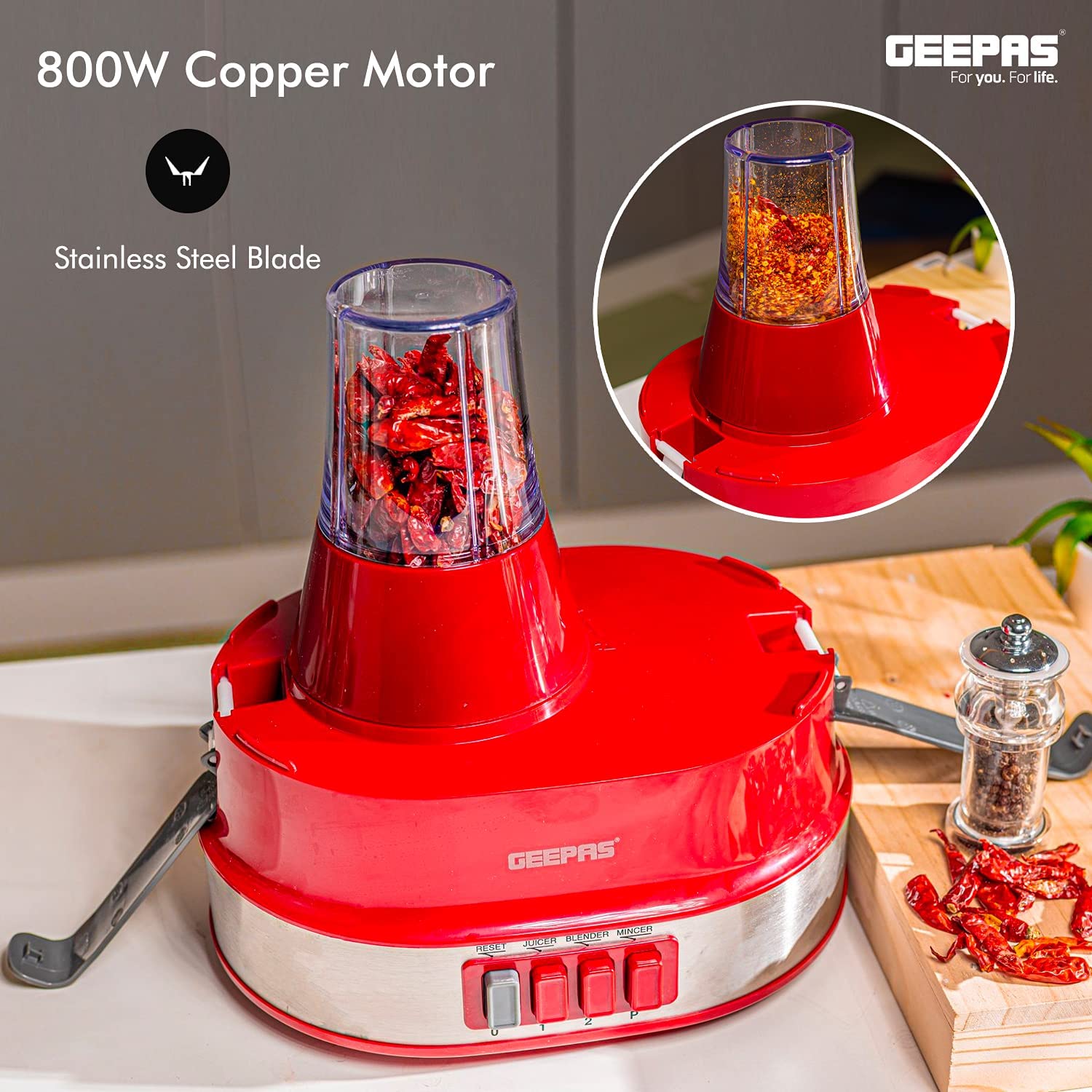 Geepas 4-In-1 Multi-Function Food Processor | Electric Blender Juicer, 2-Speed With Pulse Function & Safety Interlock | 800W |Juicer, Blender, Mixture & Coffee Mill Included- Assorted
