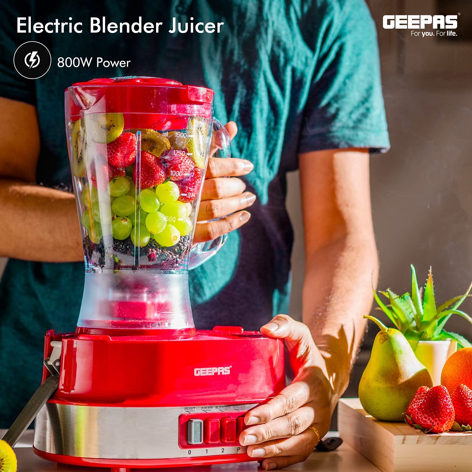 Geepas 4-In-1 Multi-Function Food Processor | Electric Blender Juicer, 2-Speed With Pulse Function & Safety Interlock | 800W |Juicer, Blender, Mixture & Coffee Mill Included- Assorted