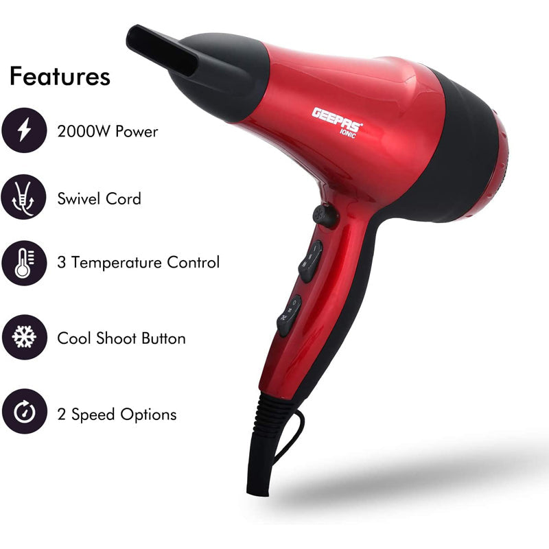 Geepas Ionic Hair Dryer - Professional Conditioning Hair Dryer For Frizz Free Styling With Concentrator - 2-Speed & 3 Temperature Settings, Cool Shot Function - 2000W - Powerful 2-Years Warranty