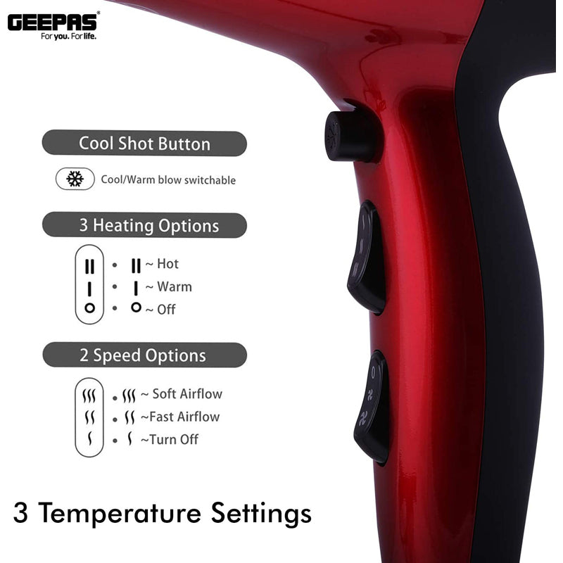 Geepas Ionic Hair Dryer - Professional Conditioning Hair Dryer For Frizz Free Styling With Concentrator - 2-Speed & 3 Temperature Settings, Cool Shot Function - 2000W - Powerful 2-Years Warranty
