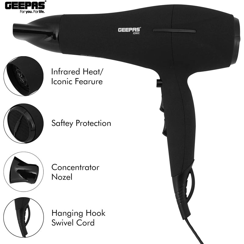 Geepas Ionic Hair Dryer - Professional Conditioning Hair Dryer For Frizz Free Styling With Concentrator - 2-Speed & 3 Temperature Settings, Cool Shot Function - 2200W - Powerful 2-Years Warranty