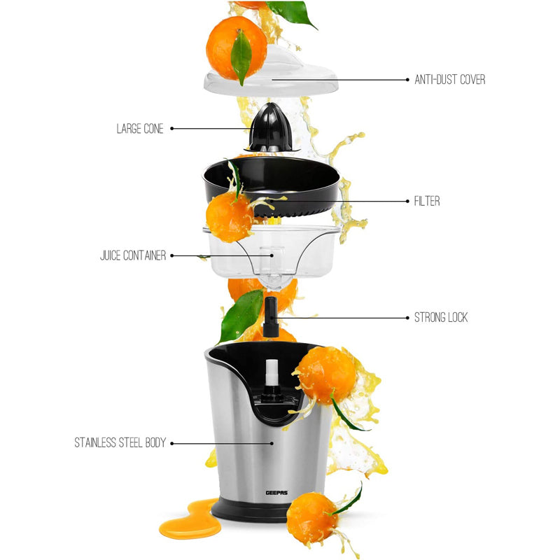 Geepas 100W Citrus Juicer Electric Orange Juicer Freshly Pressed Fruit Juices In Seconds 2 Year Warranty, Silver, Gcj46013UK