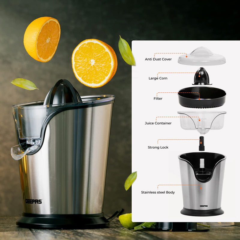 Geepas 100W Citrus Juicer Electric Orange Juicer Freshly Pressed Fruit Juices In Seconds 2 Year Warranty, Silver, Gcj46013UK