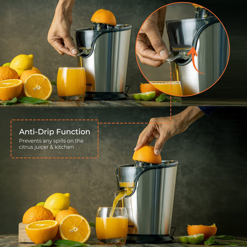 Geepas 100W Citrus Juicer Electric Orange Juicer Freshly Pressed Fruit Juices In Seconds 2 Year Warranty, Silver, Gcj46013UK