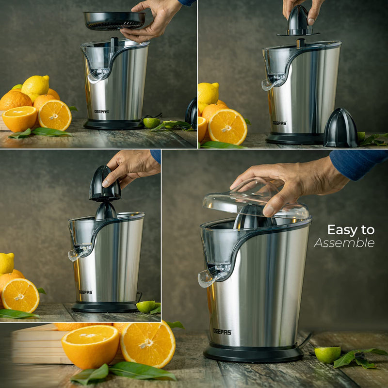 Geepas 100W Citrus Juicer Electric Orange Juicer Freshly Pressed Fruit Juices In Seconds 2 Year Warranty, Silver, Gcj46013UK