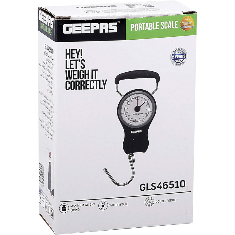 Geepas GLS46510 Portable Scale - Hanging Scale Luggage Fishing Balance Pocket Crane 38 kg | Mechanical Luggage Scales with Double Pointer & 1M Tape | 2 Years Warranty