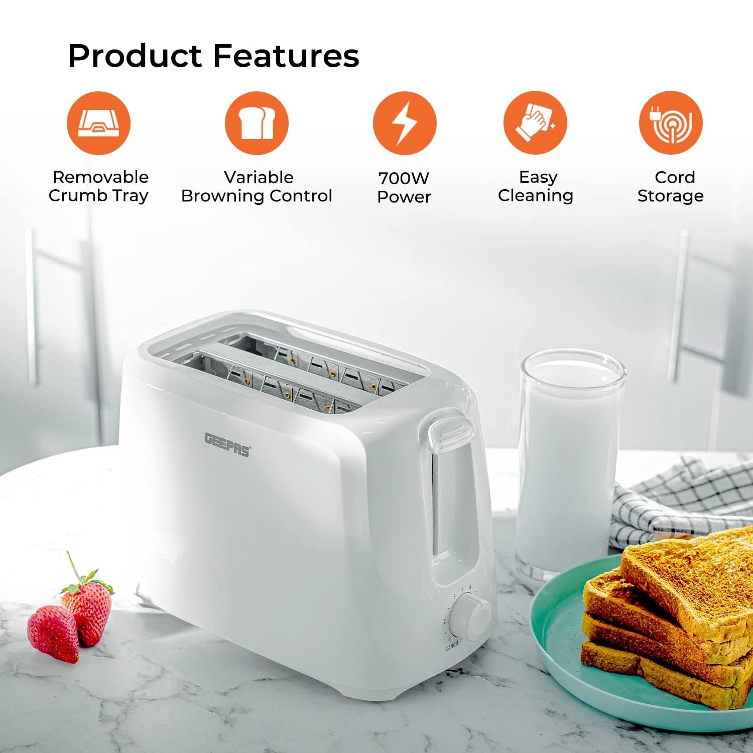 Geepas Bread Toaster, White, GBT36515