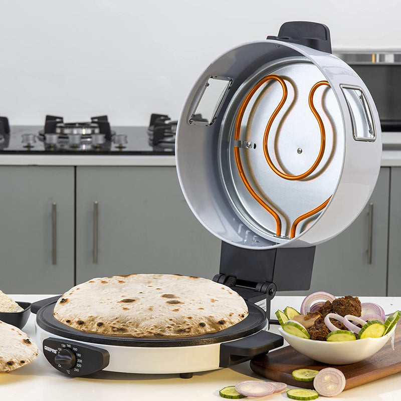Geepas Arabic Bread Maker, 30cm Non-Stick Baking Plate, GBM63036 | Halogen Tube & Stainless Steel Heating Coil | Adjustable Double Thermostat, Silver"Min 1 year manufacturer warranty"