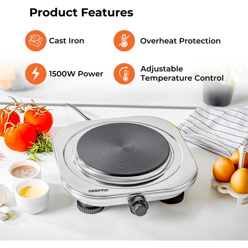 Geepas Stainless Steel Single Hot Plate, Indicator Light, GHP32023 1500W, Adjustable Temperature Control, Overheat Protection,2 Years Warranty, Silver