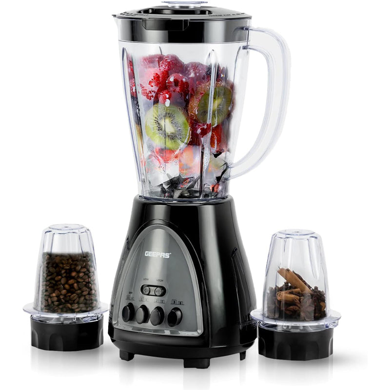 Geepas 3 in 1 Blender, Powerful Motor 400W, GSB44034 Stainless Steel Cutting Blades Six Speed with Pulse Function 1.5L Jar Juice Extractor for Whole Fruits Vegetables, Ice Crusher, Black