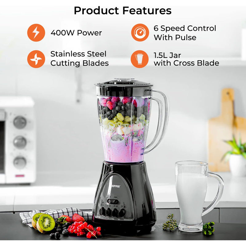 Geepas 3 in 1 Blender, Powerful Motor 400W, GSB44034 Stainless Steel Cutting Blades Six Speed with Pulse Function 1.5L Jar Juice Extractor for Whole Fruits Vegetables, Ice Crusher, Black