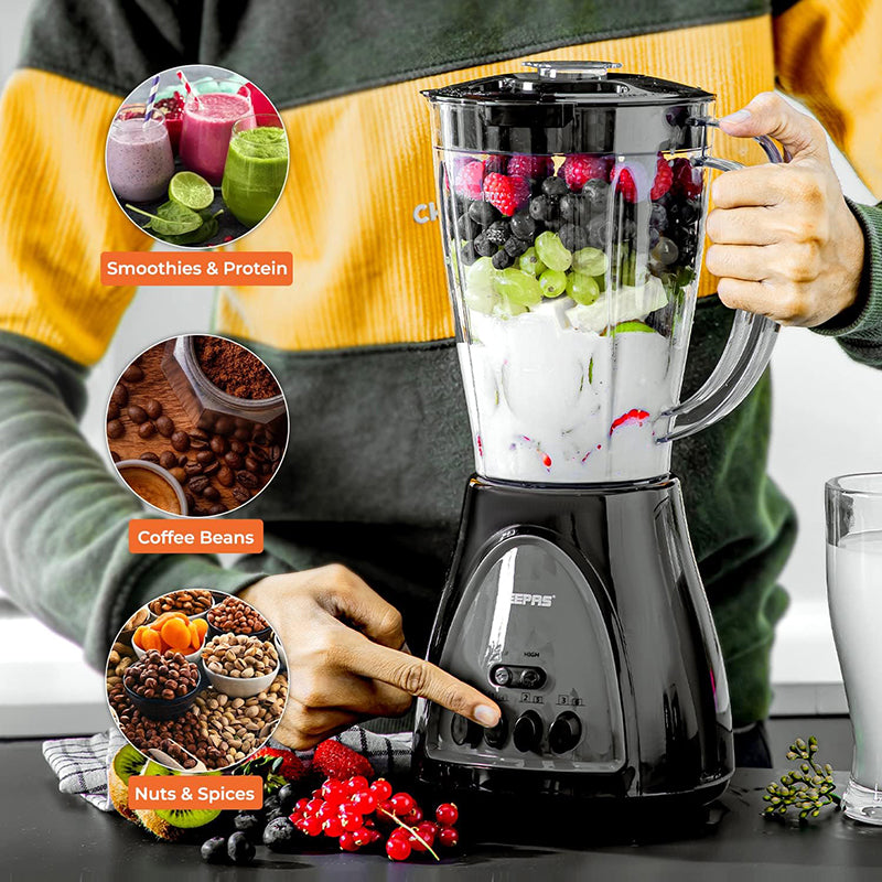 Geepas 3 in 1 Blender, Powerful Motor 400W, GSB44034 Stainless Steel Cutting Blades Six Speed with Pulse Function 1.5L Jar Juice Extractor for Whole Fruits Vegetables, Ice Crusher, Black