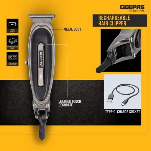 Rechargeable Hair Clipper, LED Display, GTR56044 | Li-ion Battery | Zero Cutting SS Blade | Leather Touch Decorates | Fix T-Blade | Male Grooming Set for Body Hair