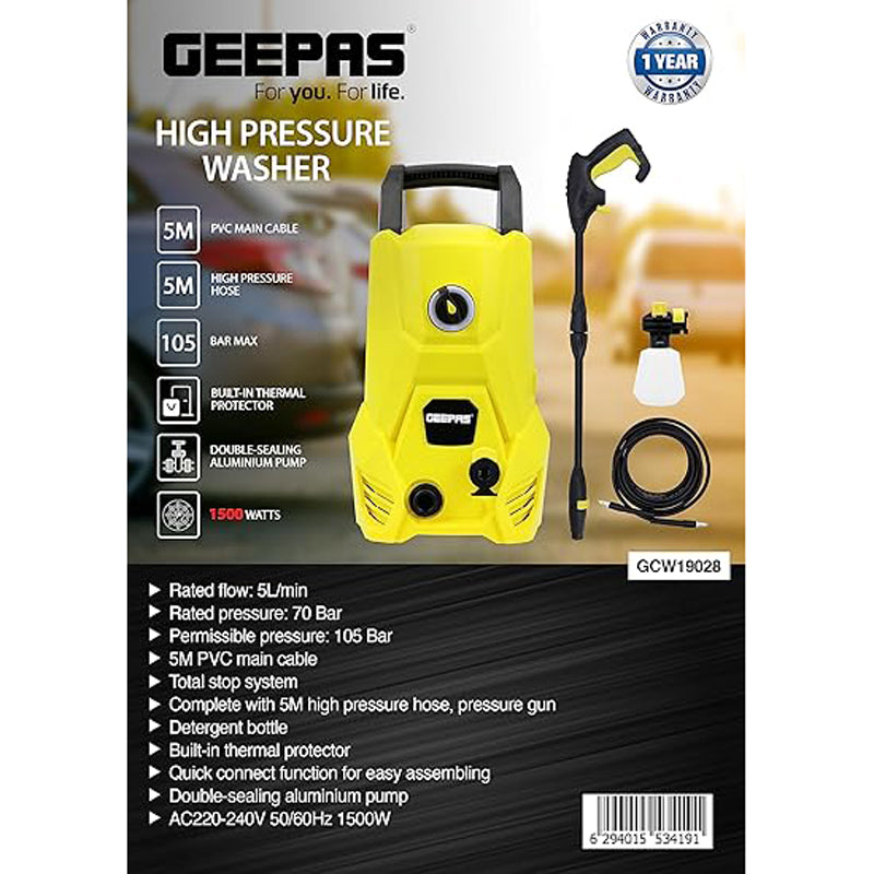 Geepas High Pressure Electric Washer, 5M PVC Main Cable, GCW19028 | 5M High Pressure Hose | 1500W Power Cleaner for Car, Home and Garden, Furniture | 105 Bar Water Jet