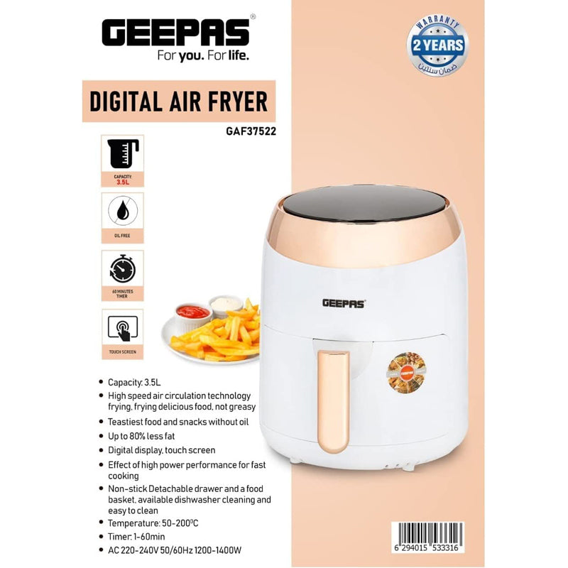 Geepas Digital Air Fryer With 3.5L Capacity, 1400W Hot Air Circulation Technology For Oil Free Low Fat Dry Fry Cooking Healthy Food Non-Stick Basket, Overheat Protection 2 Years Warranty, White