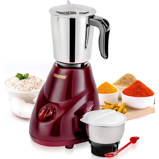 Geepas 2-IN-1 Mixer Grinder- GSB44091| 550W Powerful Motor, Stainless Steel Jars and Blade| Ergonomic Grip and Equipped with Overload Protector| Perfect for making Smoothies, Milkshakes, Etc