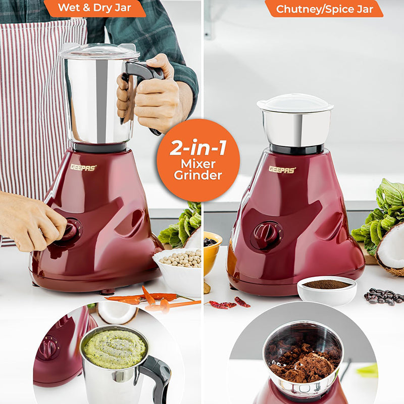 Geepas 2-IN-1 Mixer Grinder- GSB44091| 550W Powerful Motor, Stainless Steel Jars and Blade| Ergonomic Grip and Equipped with Overload Protector| Perfect for making Smoothies, Milkshakes, Etc