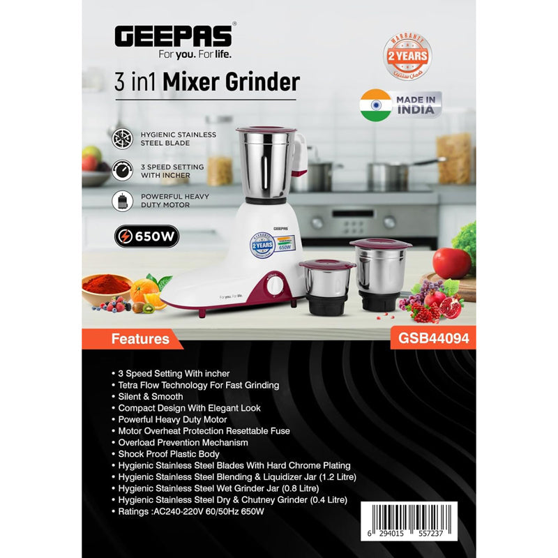 Geepas-3 in 1 Mixer| 650W Powerful Copper Motor with Stainless Steel Jars (1.2 L, 0.8 L, 0.4 L) and Blades|2 Years Warranty