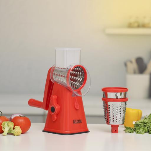 3-in-1 Rotary Grater, Stainless Steel Blades, DC2243 | Manual Grater with 3 Interchangeable Blades | Hand-Crank Mechanism | Round Vegetable Slicer | Powerful Suction Base