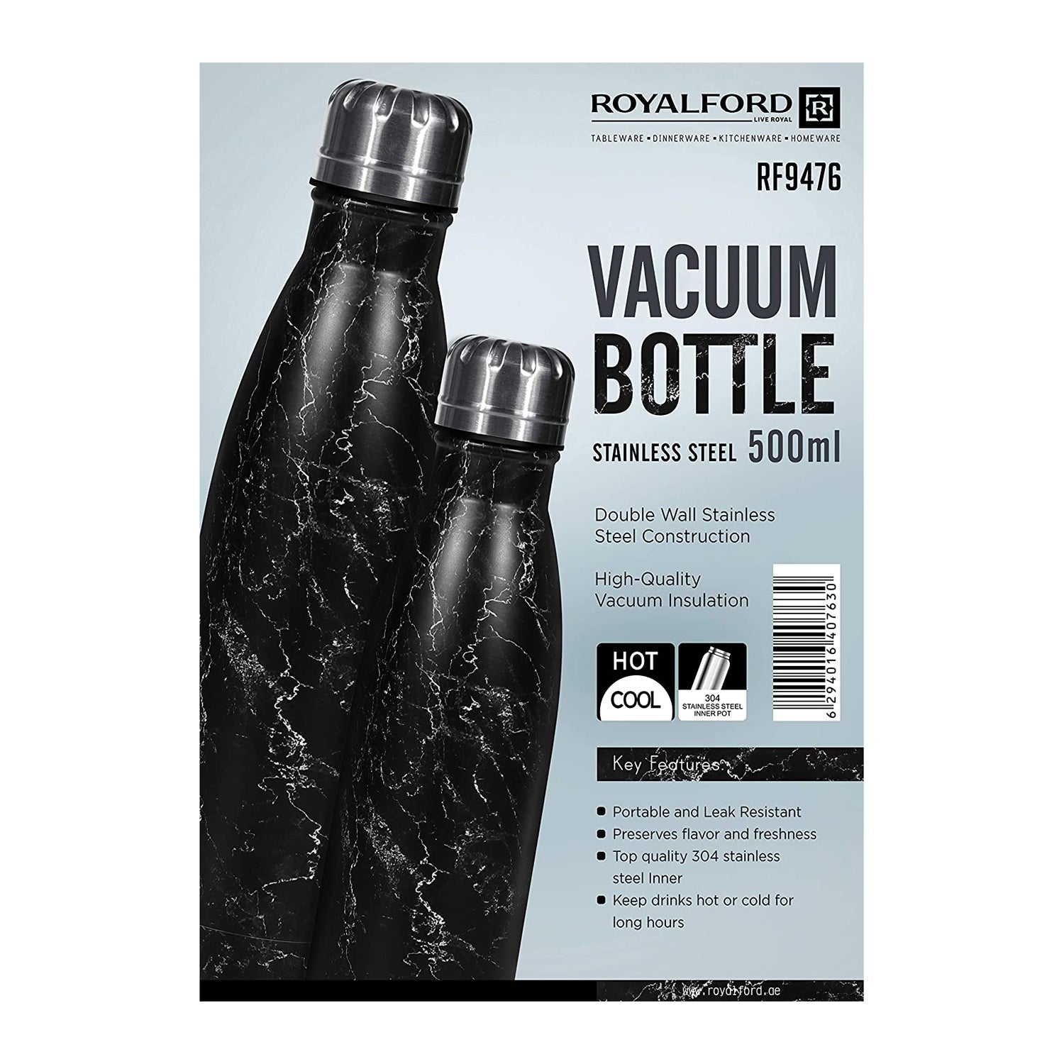 Royalford 500ml Vacuum Bottle – Double Wall Stainless Steel Flask & Water Bottle – Hot & Cold Leak-Resistant Sports Drink Bottle – Vacuum Insulation Bottle for Indoor Outdoor Use (Black)