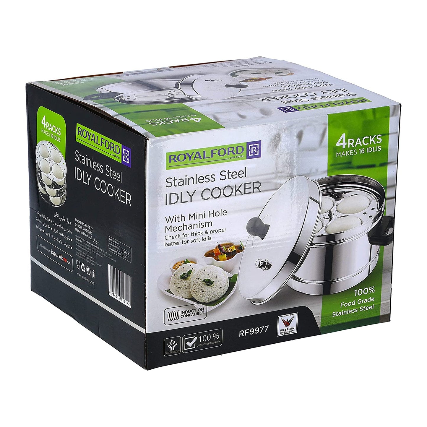 Royalford Stainless Steel Idly Cooker 4L 4 Racks 16 Idlis, Induction Compatible & Dishwasher Safe, Food Grade Material Heat Resistant Handle & Steam Vent RF9977, Multi