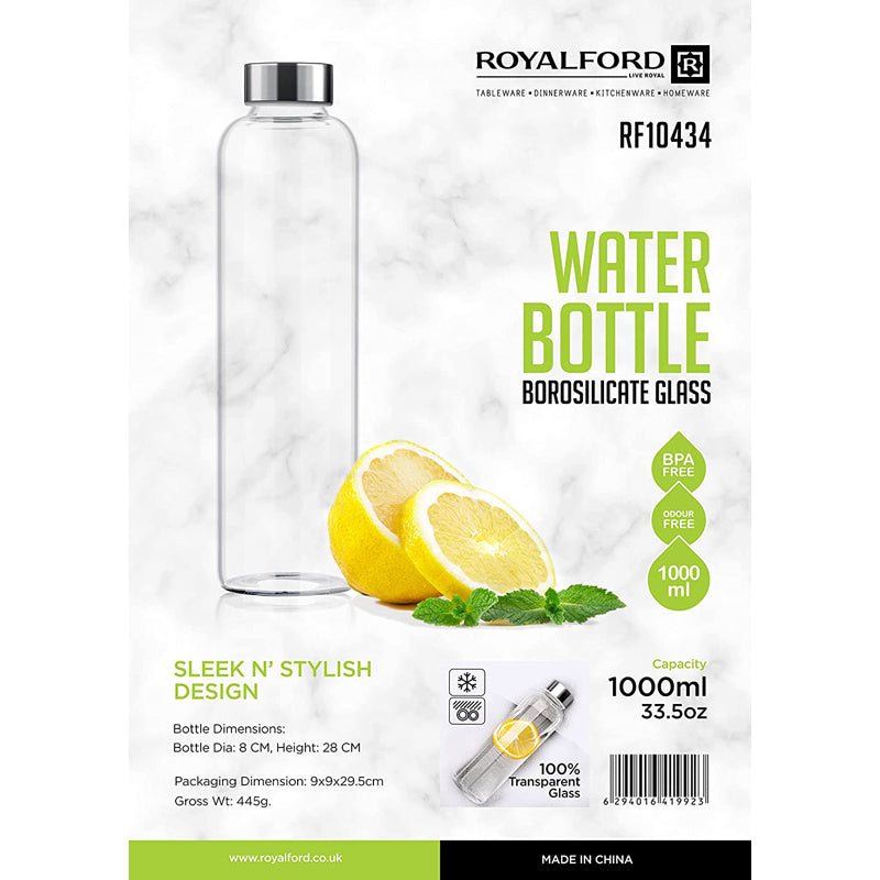 Royalford Water Bottle, 1000ml Borosilicate Glass Bottle, RF10434 | BPA-Free Portable & Leak-Resistant Bottle | Ideal for School, Home, Office, Travel, Sport, Gym