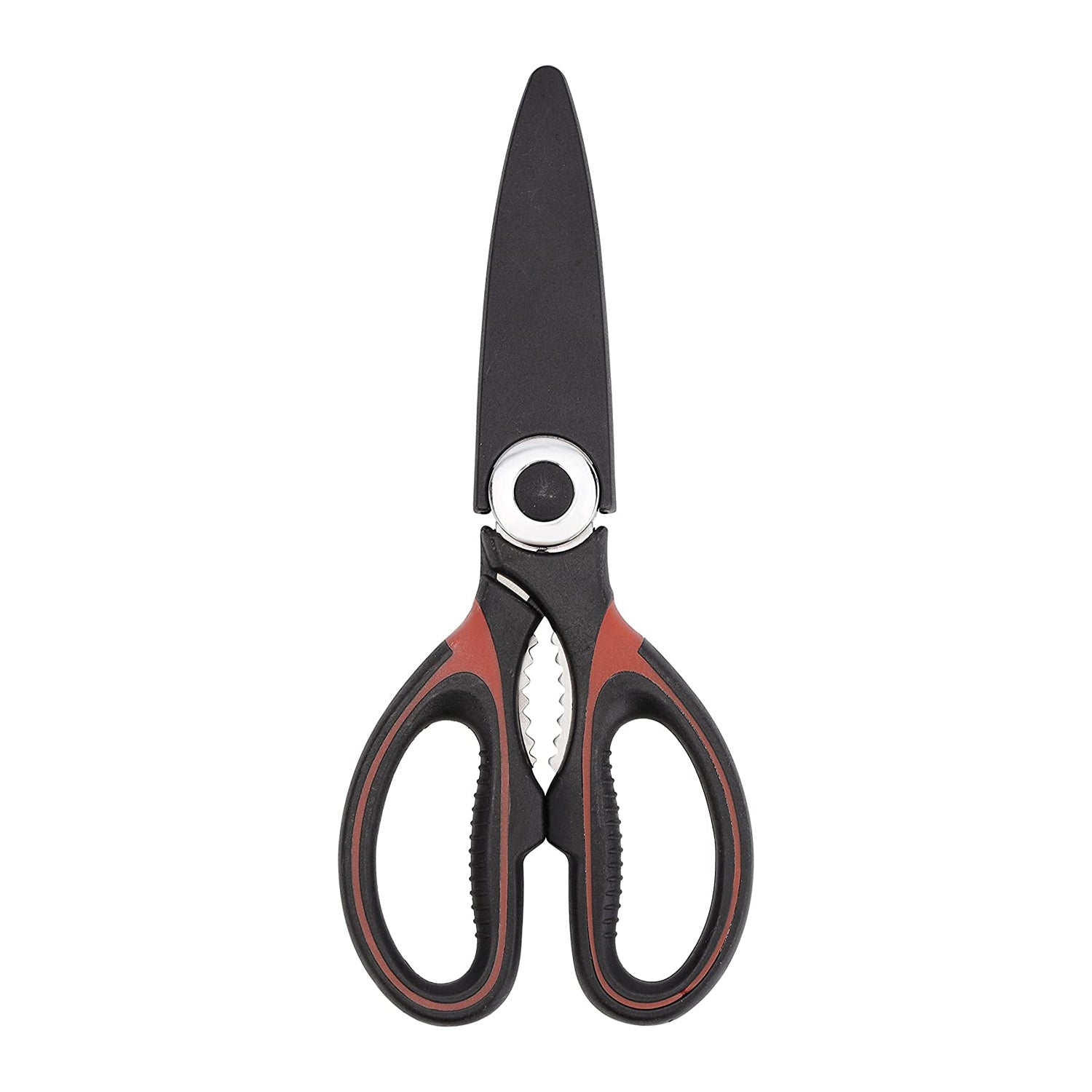 Royalford 3-IN-1 Kitchen Scissor- RF10496 Includes Scissors, Perfect for cutting Fish, Meat, etc Dishwasher-Safe and Includes a Blade Protection Cover Black and Red