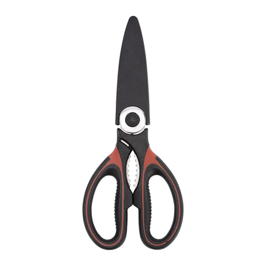 Royalford 3-IN-1 Kitchen Scissor- RF10496 Includes Scissors, Perfect for cutting Fish, Meat, etc Dishwasher-Safe and Includes a Blade Protection Cover Black and Red