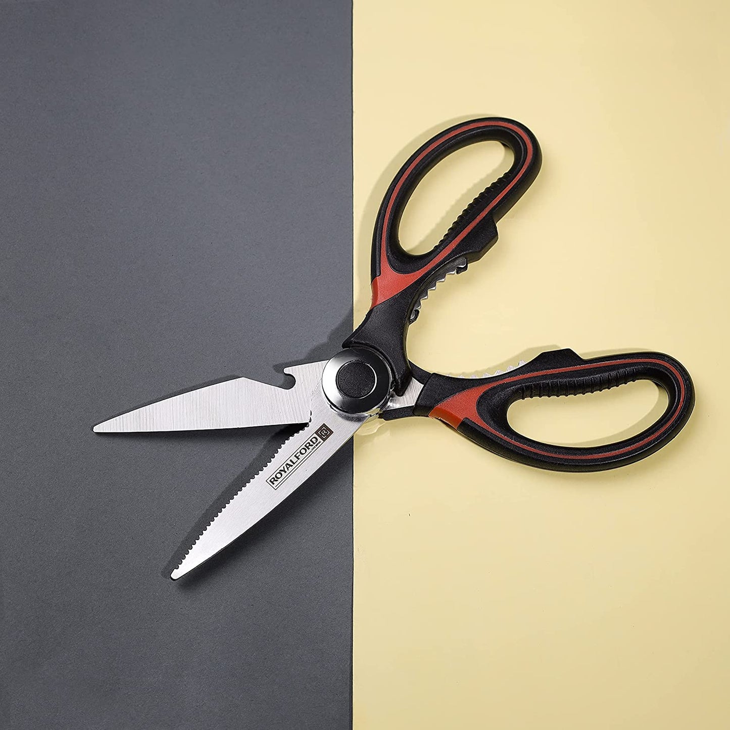 Royalford 3-IN-1 Kitchen Scissor- RF10496 Includes Scissors, Perfect for cutting Fish, Meat, etc Dishwasher-Safe and Includes a Blade Protection Cover Black and Red