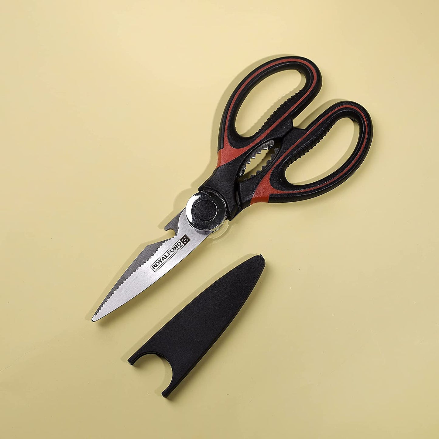 Royalford 3-IN-1 Kitchen Scissor- RF10496 Includes Scissors, Perfect for cutting Fish, Meat, etc Dishwasher-Safe and Includes a Blade Protection Cover Black and Red