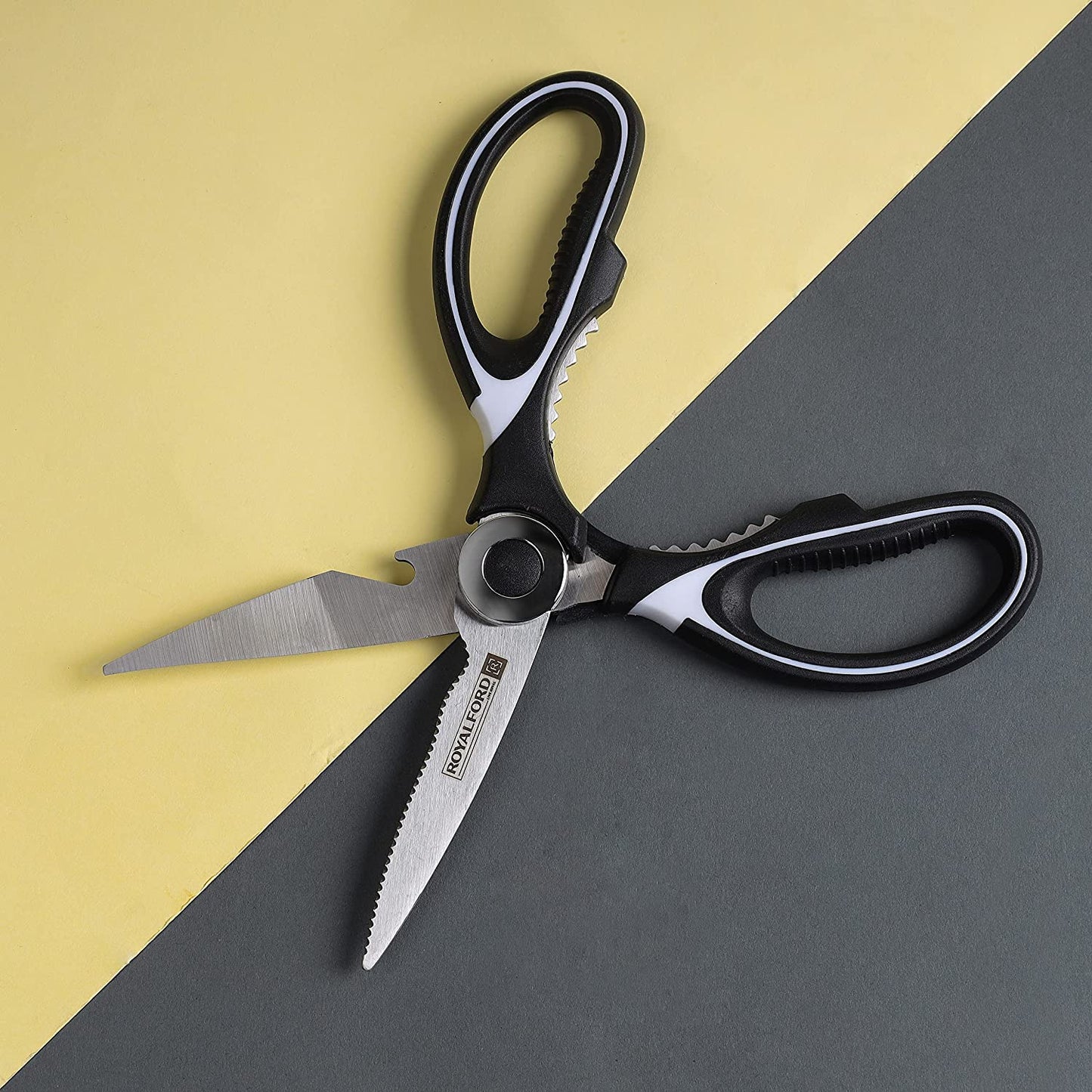 Royalford 3-IN-1 Kitchen Scissor- RF10498 Includes Scissors, Perfect for cutting Fish, Meat, etc Dishwasher-Safe and Includes a Blade Protection Cover Black and Silver