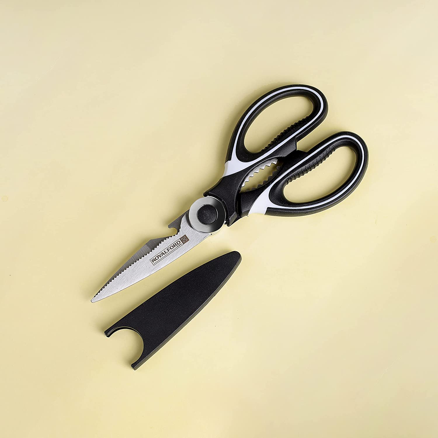 Royalford 3-IN-1 Kitchen Scissor- RF10498 Includes Scissors, Perfect for cutting Fish, Meat, etc Dishwasher-Safe and Includes a Blade Protection Cover Black and Silver