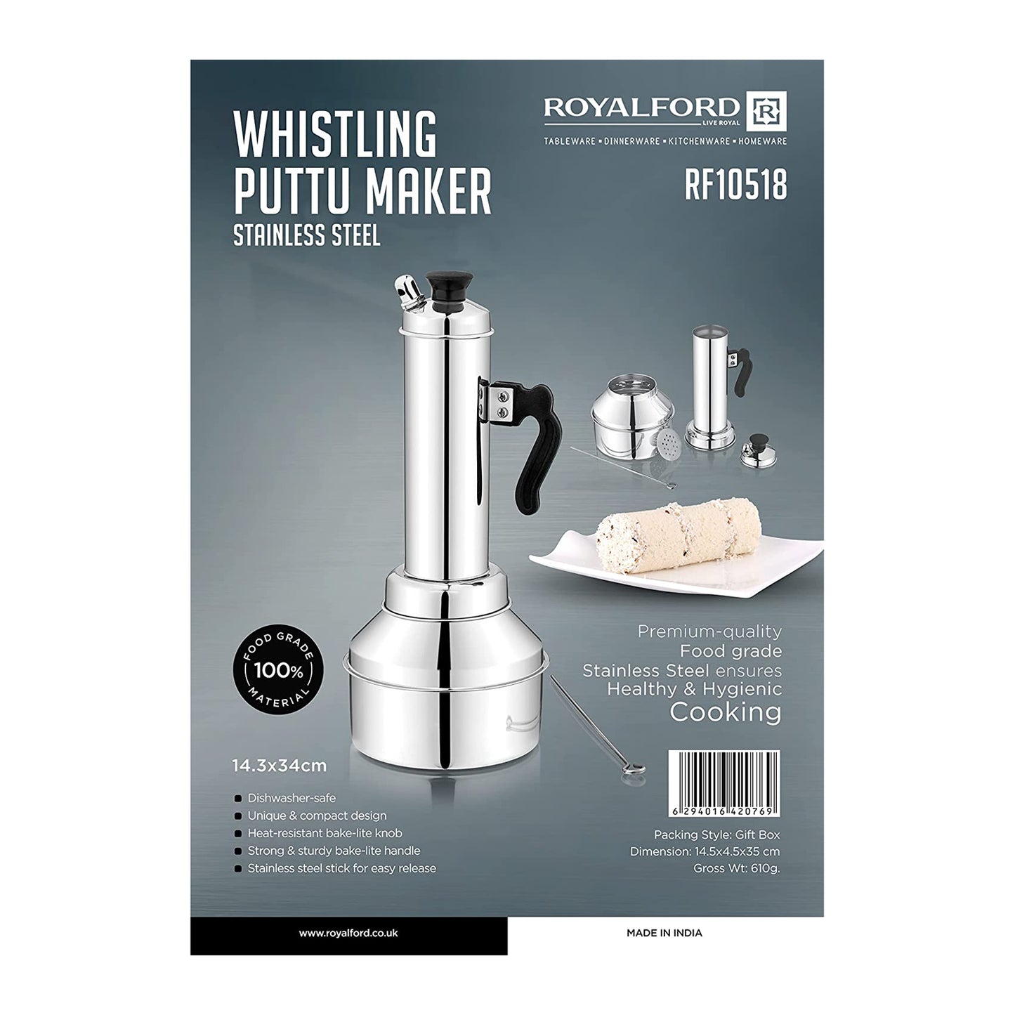 RoyalFord Whistling Puttu Maker, Stainless Steel, RF10518 | Food-Grade Stainless Steel | Heat-Resistant Bakelite Knob & Handle | Non-Stick Pot | Dishwasher Safe Silver