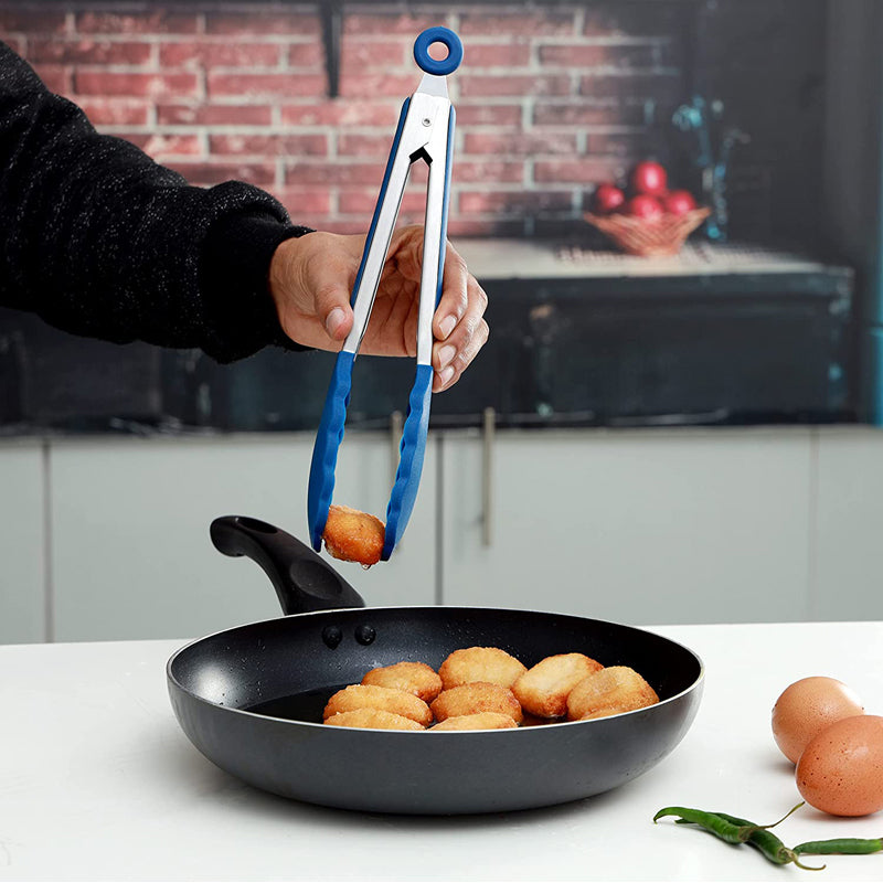 RoyalFord Silicone Food Tong, 27cm Food Grade Tong, RF10656 Stainless Steel Handle with Easy Grip & Smart Padlock System Tong for Serving, Frying, & Cooking, Multicolor