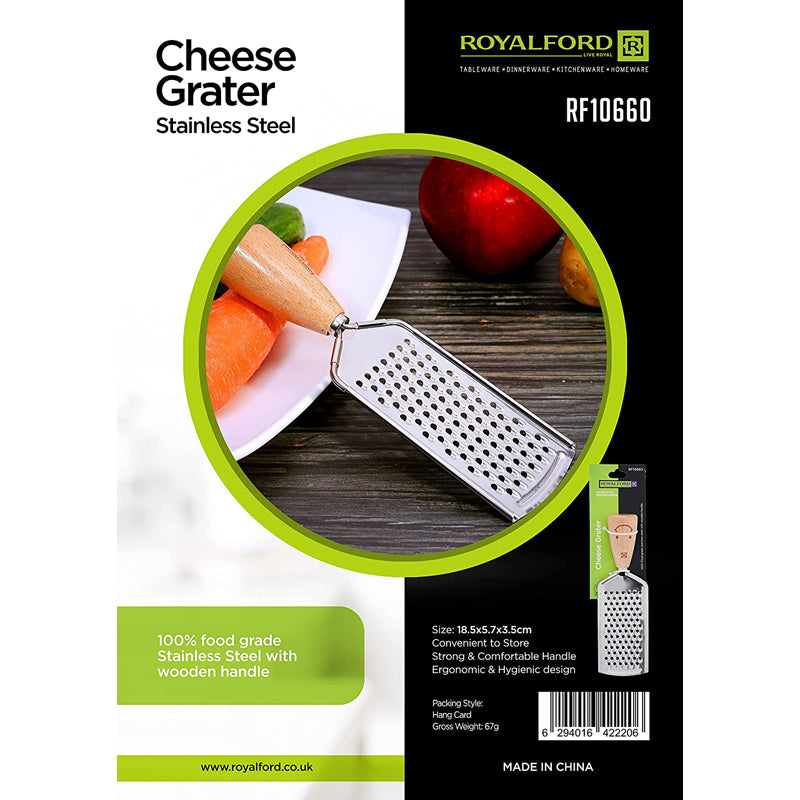 RoyalFord Cheese Grater, Stainless Steel with Wooden Handle, RF10660 Handheld Shredder for Fruit, Vegetables, Nuts, Cheese & Zest Comfortable & Non Slip, Multicolor