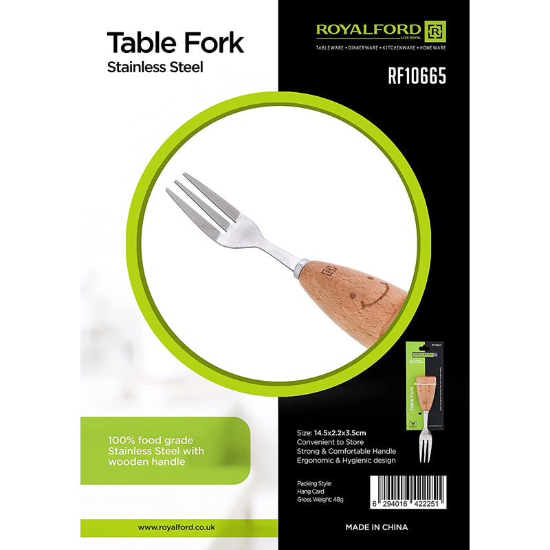 Royalford Table Fork, Stainless Steel with Wooden Handle, RF10665 Classic Dinner Fork Ideal for Eating Salad, Dessert, Appetizer, Fruit Salad, Chinese Food, Multicolor