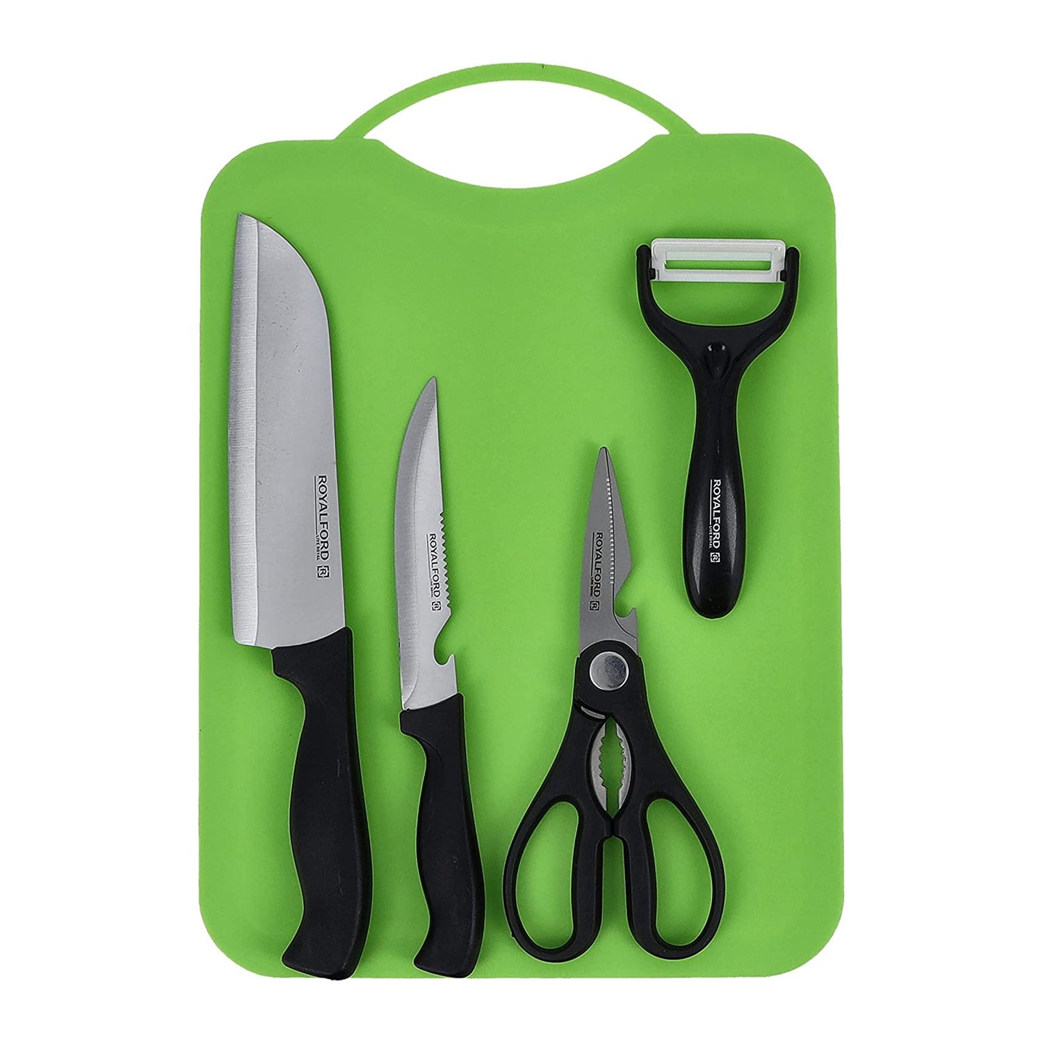 RoyalFord 5 Pcs Kitchen Gadget Set, Stainless Steel & Pp, RF10677 Includes 2 Knife Set, A Peeler, A Scissor And Cutting All In 1 Kitchen Set, Multicolor