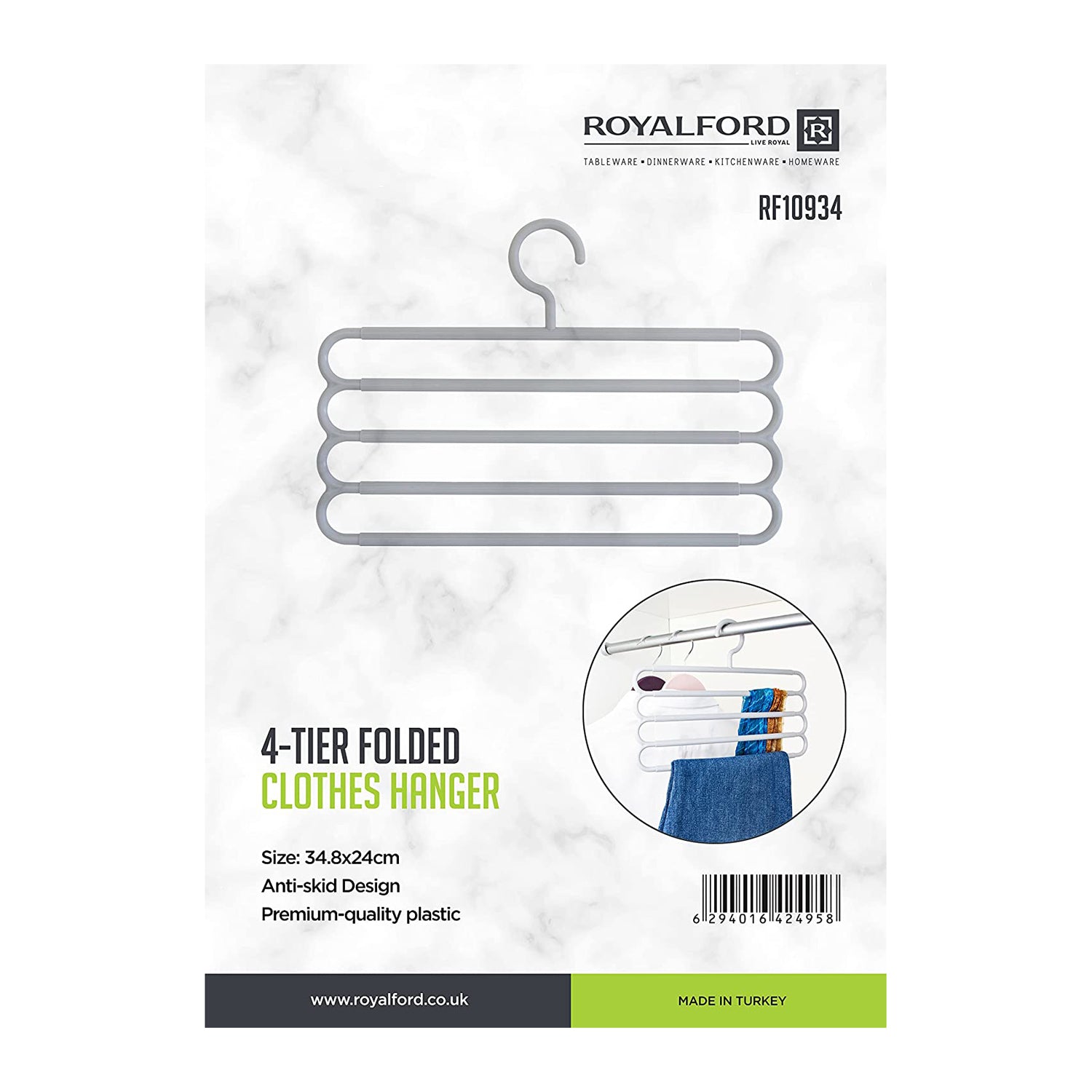 Royalford 4-Tier Folded Clothes Hanger- RF10934 Plastic Hanger Perfect for All Kinds of Clothes Ideal for Tie, Scarves, Belt, Innovative, Trendy and Anti-Skid Sturdy High Tensile Strength White