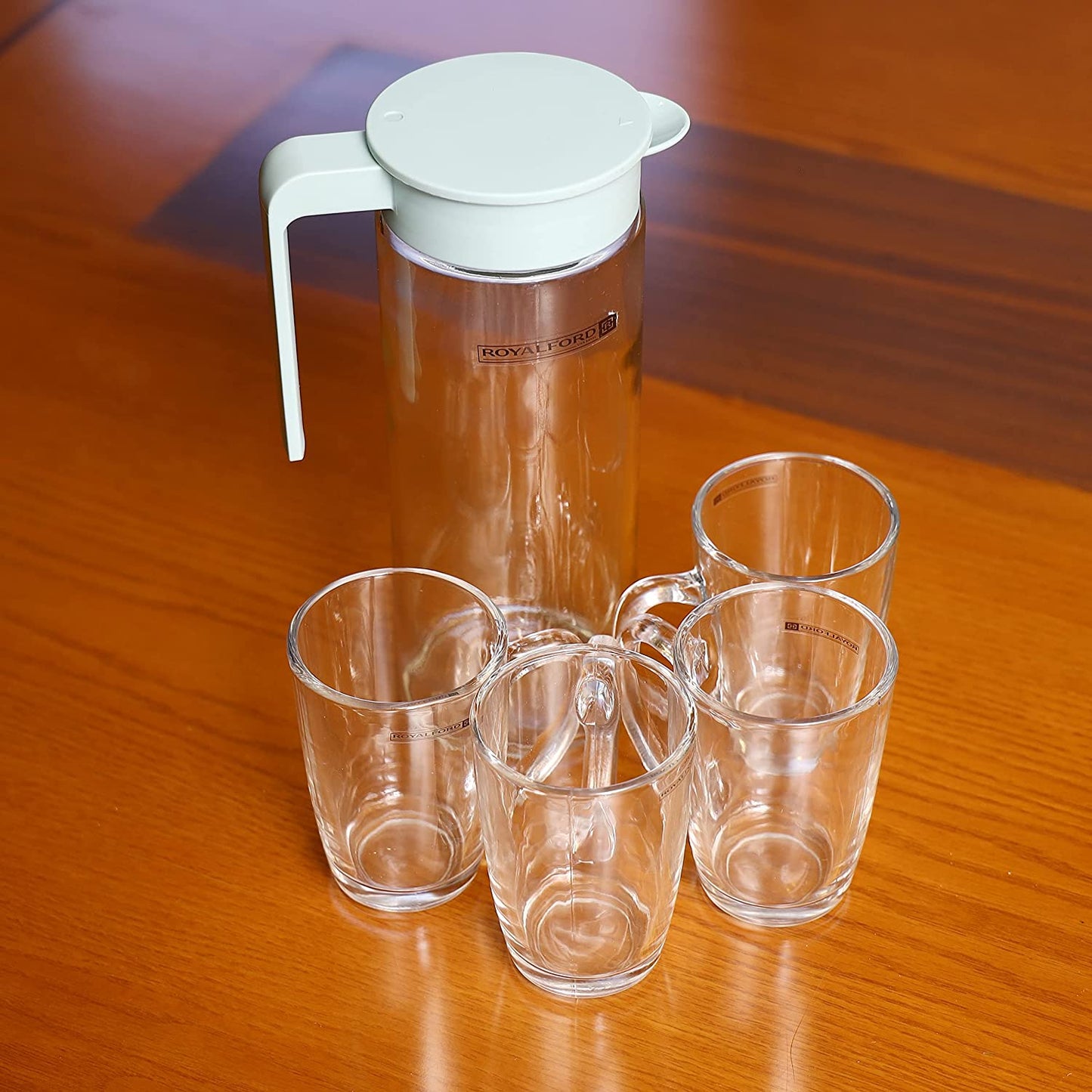 Royalford 5-Piece Glass Juice Set- RF11028 Transparent Thick Glass 1.0 L Water Jug with 4 200 ML Glasses Unbreakable Water Jug with Lid BPA-Free, Break-Resistant Transparent