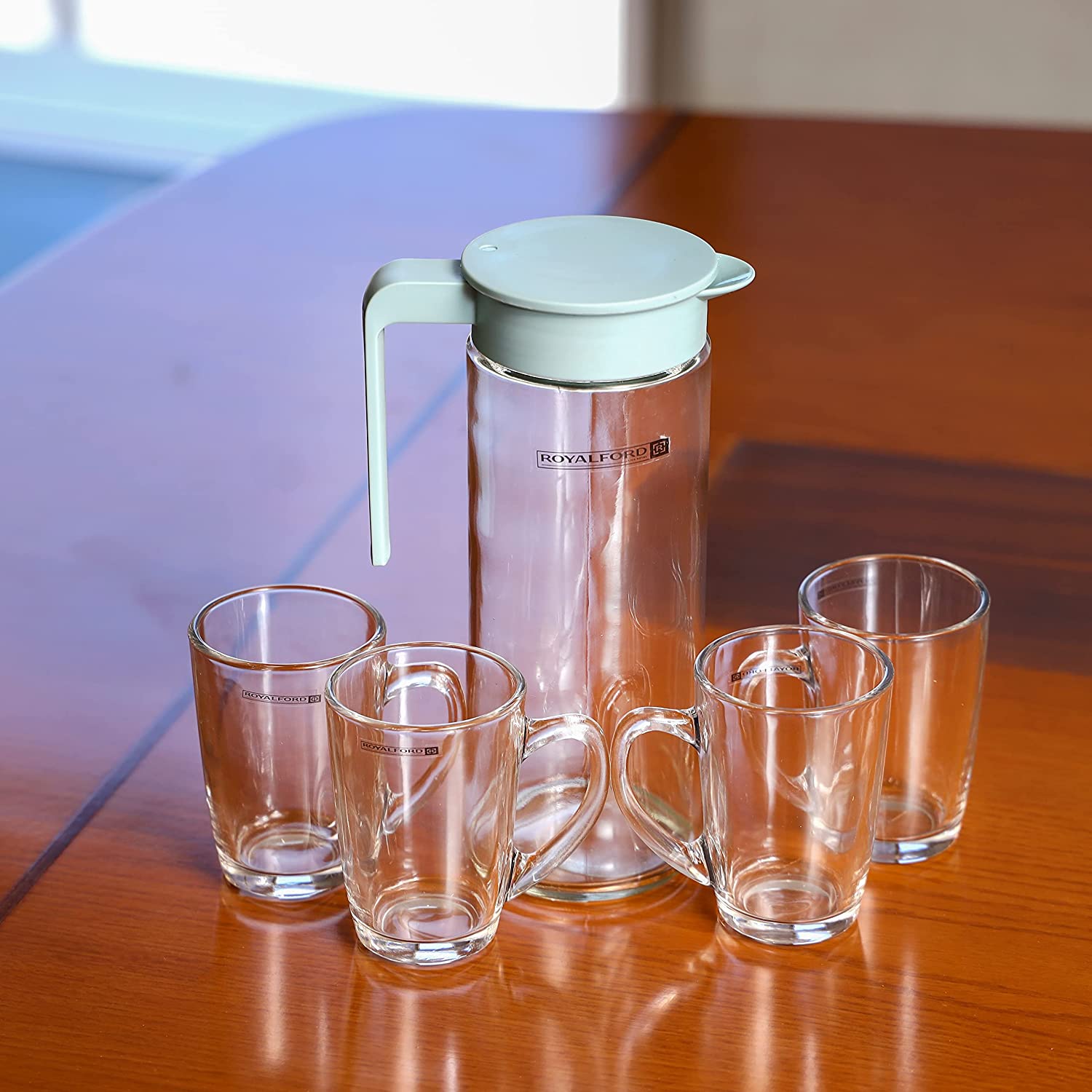 Royalford 5-Piece Glass Juice Set- RF11028 Transparent Thick Glass 1.0 L Water Jug with 4 200 ML Glasses Unbreakable Water Jug with Lid BPA-Free, Break-Resistant Transparent