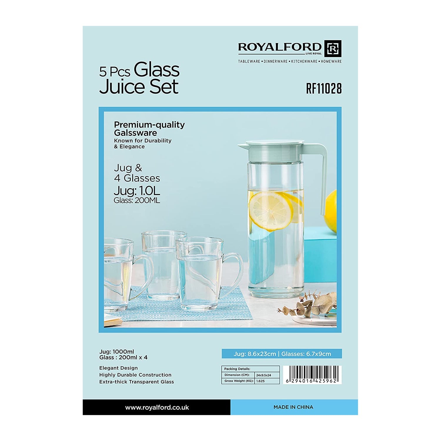 Royalford 5-Piece Glass Juice Set- RF11028 Transparent Thick Glass 1.0 L Water Jug with 4 200 ML Glasses Unbreakable Water Jug with Lid BPA-Free, Break-Resistant Transparent