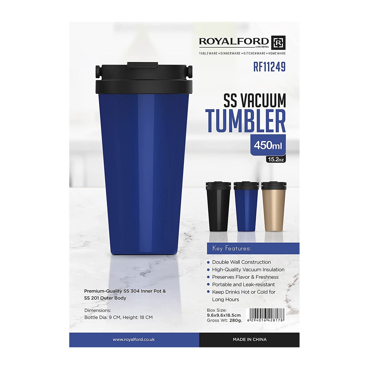 Royalford 450 ML / 15.2oz Stainless Steel Vacuum Tumbler- RF11249 Portable, Leak-Resistant and Light-Weight Suitable for Indoor and Outdoor Use