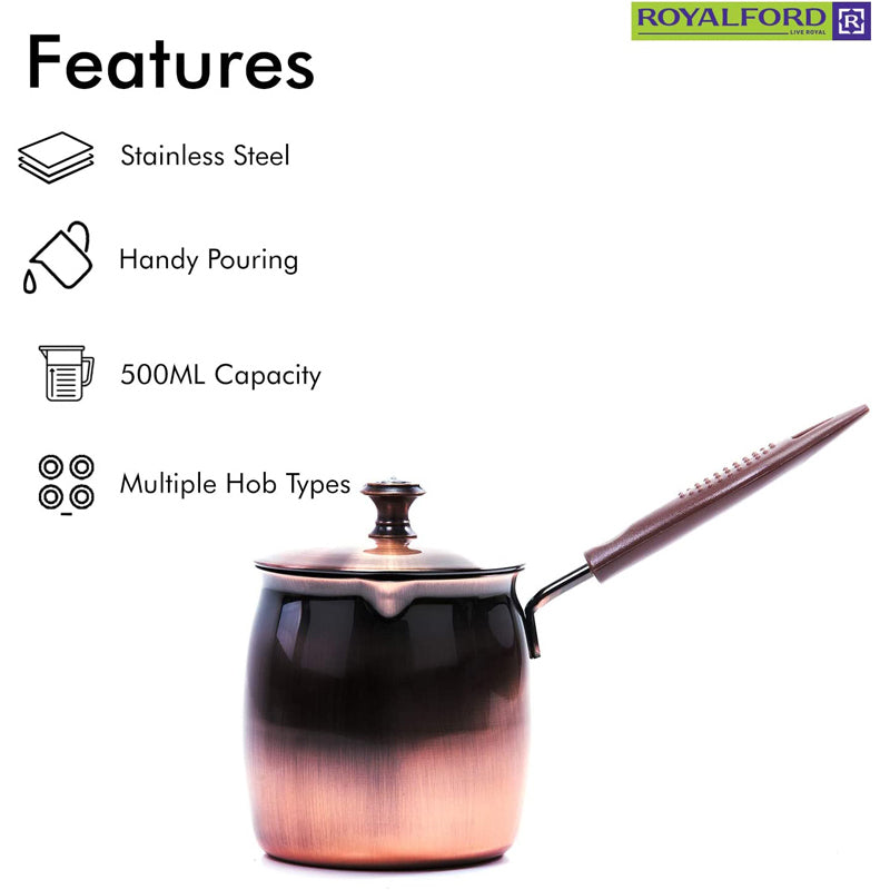 Royalford Stainless Steel Coffee Warmer with Lid – 500ml Stovetop Coffee Pot – Turkish Coffee, Tea, & Milk Pot – Simple, Sleek & Stylish