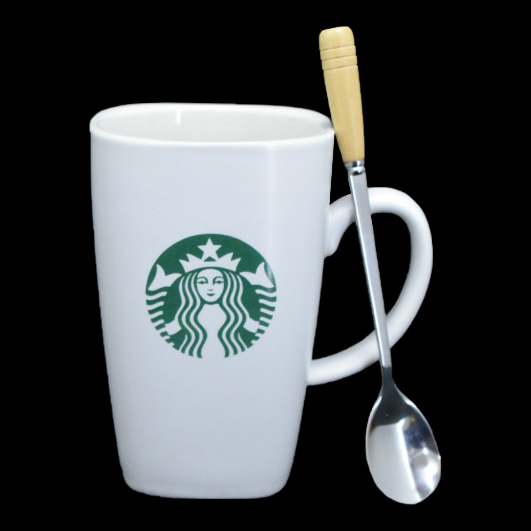 Printed Starbucks MUG + BAMBOO LID + SPOON - White