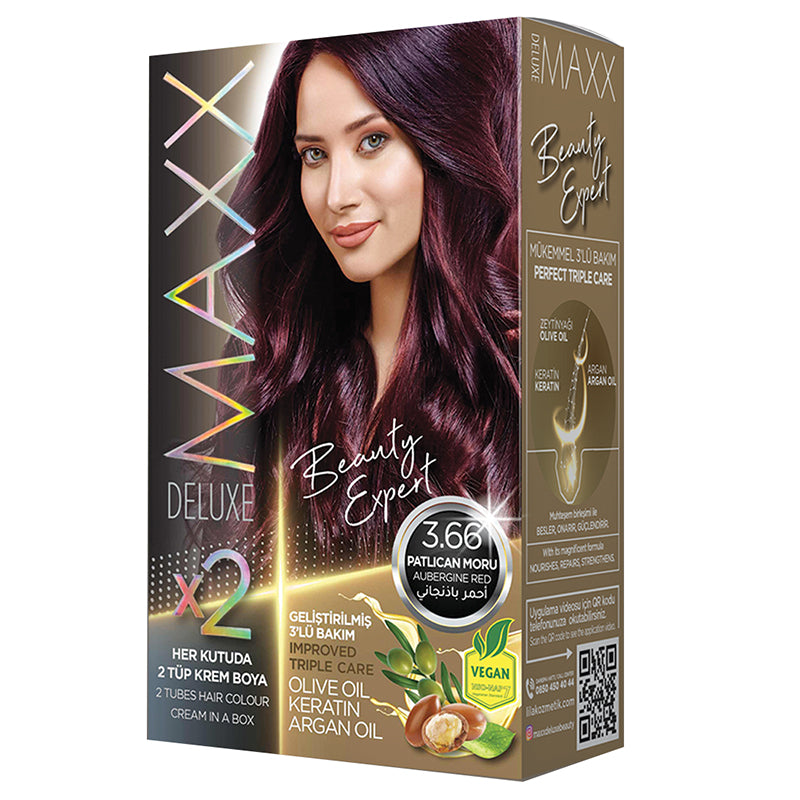 MAXX DELUXE 3.66 AUBERGINE RED KIT, Improved Triple care, Long Lasting, Olive Oil, Keratin and Argan Oil