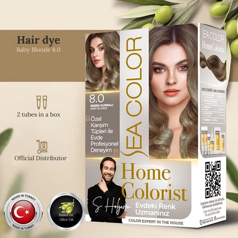 SEA COLOR "HOME COLORIST" - 8.0 BABY BLONDE, Professional Hair Dye Set, 2 tubes in a box